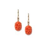 Handmade 18ct yellow gold carved coral drop earrings