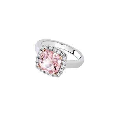 cushion cut morganite and diamond ring in white gold