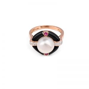 9ct Rose Gold Pearl, Diamond, Ruby and Onyx Ring