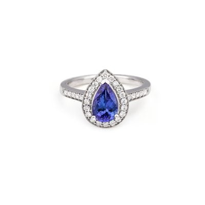 18ct White Gold Pear Cut Tanzanite and Diamond Cluster Style Dress Ring