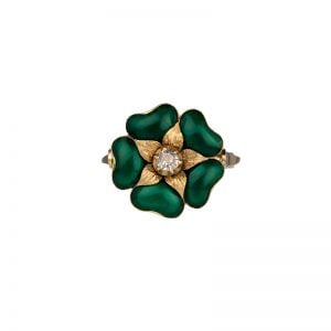 Victorian 14ct Enamel and Diamond Dress Ring with Heart Shape Enamel leaves and Gold Petals.