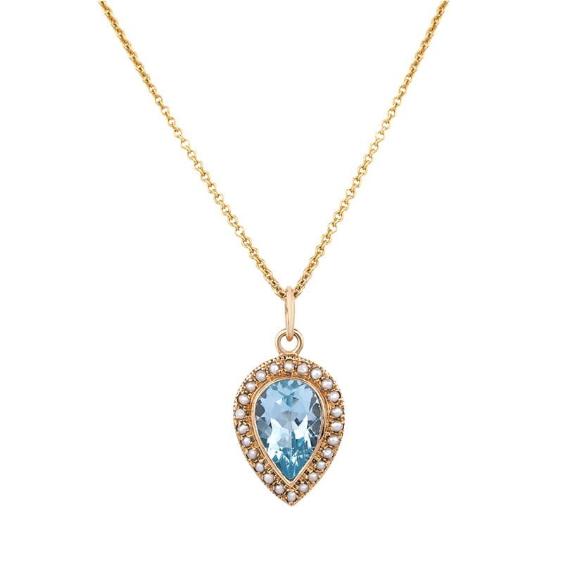 9ct Yellow Gold Pear Shaped Blue Topaz & Seed Pearl Pendant - Avenue J ...