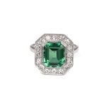 French handmade Platinum Art deco style green tourmaline and diamond ring