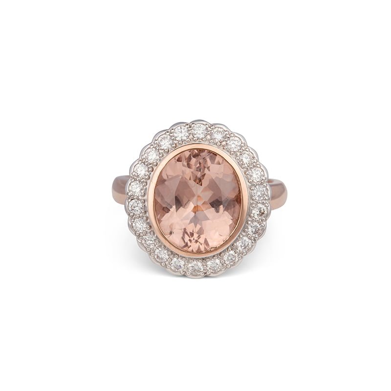 9 ct Rose Gold Cluster Ring with Oval Morganite Surrounded by Diamonds ...