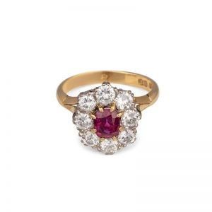 ruby and diamond cluster ring hallmarked London 1975