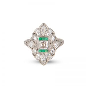 Original Handmade Art Deco Platinum Emerald & Diamond Plaque Ring.