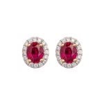 18ct White and Yellow Gold Oval Ruby and Diamond Cluster Stud Earrings