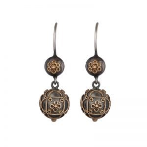 Sterling Silver & 18ct Yellow Gold Castellani Etruscan Revival double ball drop earrings.