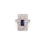 18ct White Gold Baguette cut Sapphire and Diamond Ring c1940's