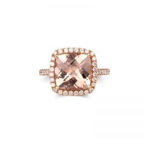 18ct Rose Gold Cushion Cut Morganite & Diamond Halo Ring