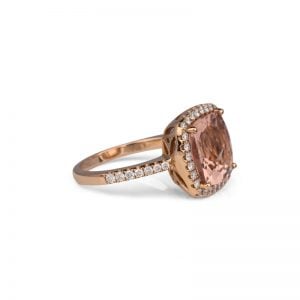 18ct Rose Gold Cushion Cut Morganite & Diamond Halo Ring