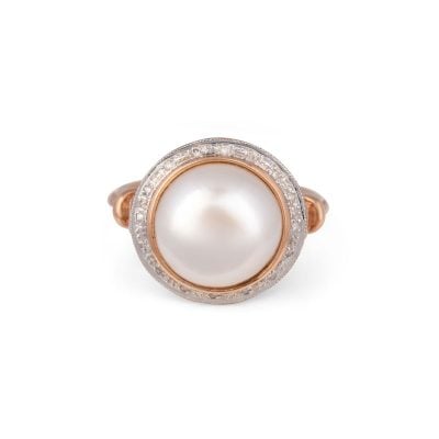 9ct Rose Gold Circular Mabe Pearl and Diamond Ring.