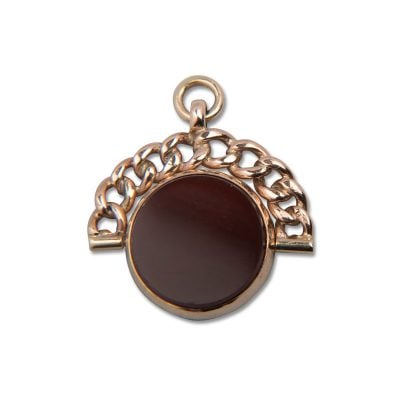 Victorian 9ct Rose Gold Large Circular Bloodstone and Carnelian Spinner with curb link fancy bale hallmarked c1900