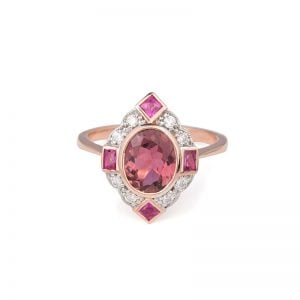 18ct Rose Gold Pink Tormaline, Ruby & Diamond Ring.