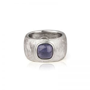 Brushed Silver Wide Band Ring Set with Cabochon Lolite