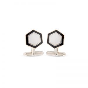 Sterling Silver Mother of Pearl and Onyx Hexagonal Cufflinks