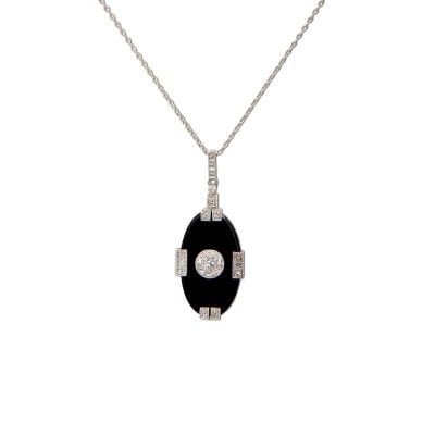 Art Deco antique 14ct White Gold Onyx and Diamond Pendant with chain
