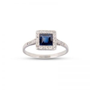 Art Deco Platinum Sapphire and Diamond Square Cluster Ring.