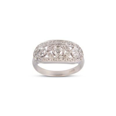 Handmade 18ct White Gold Art Deco Style Diamond Ring with Millgrain Finish