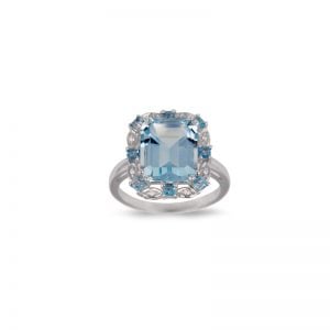 9ct White Gold rectangle Blue Topaz and Diamond Ring