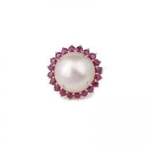 9ct Yellow Gold large Mabe Pearl and Ruby Ring.