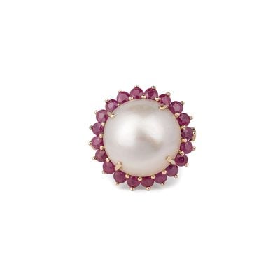 9ct Yellow Gold large Mabe Pearl and Ruby Ring.