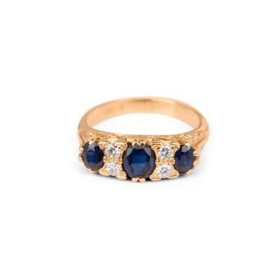 Victorian 18ct Yellow Gold Sapphire and Diamond antique style half hoop ring.