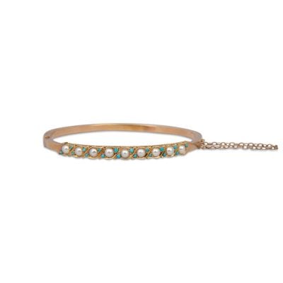 Victorian 9ct Yellow Gold, Pearl and Turquoise set hinged Bangle.