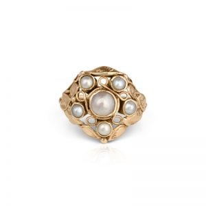 Edwardian 14ct Yellow Gold domed six seed pearl ring in Arts and Crafts style c1915.