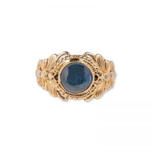9ct Yellow Gold Cabochon Sapphire Ring with butterfly shoulders.