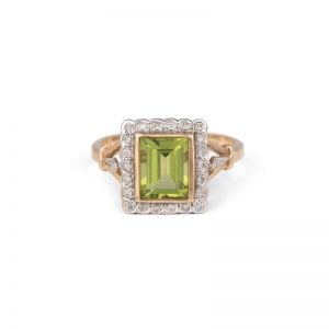9ct Yellow and White Gold Emerald Cut Peridot and Diamond Cluster Ring.