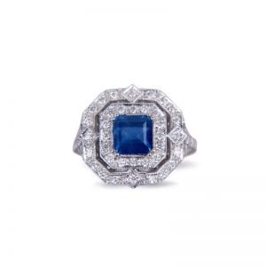 18ct Yellow Gold Sapphire and Diamond Art Deco Style Ring.