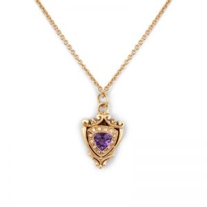 9ct Yellow Gold Trilliant Cut Amethyst and Diamond Crest Pendant in Victorian Style