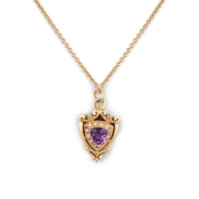 9ct Yellow Gold Trilliant Cut Amethyst and Diamond Crest Pendant in Victorian Style