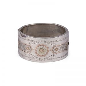 Victorian Sterling Silver Bangle with Yellow Gold & Rose Gold floral relief engraving c1890.