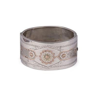 Victorian Sterling Silver Bangle with Yellow Gold & Rose Gold floral relief engraving c1890.