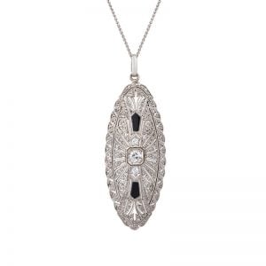 Art Deco antique 18ct White Gold and Platinum Onyx and Diamond Oval Pendant