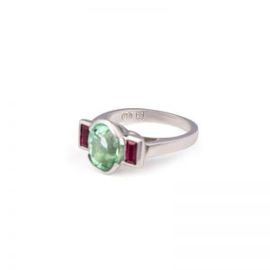18ct White Gold Oval Mint Green Tourmaline with Ruby Baguette