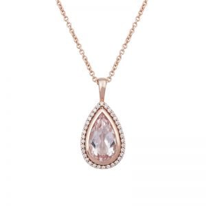 9ct Rose Gold Pear shape Morganite & Diamond halo pendant.