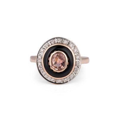 9ct Rose Gold Oval Tourmaline, Diamond and Onyx Dress Ring