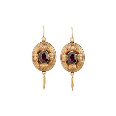 Victorian antique 15ct Yellow Gold large oval Garnet hook earrings with leaf detail and tassel.