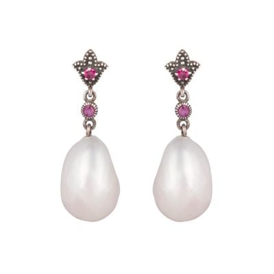 white fresh water pearls & ruby drop earrings