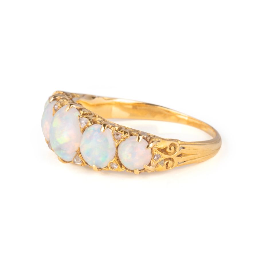 Victorian 18ct Yellow Gold Opal and Diamond carved Half hoop Ring ...