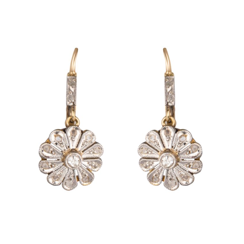 Victorian 18ct YG & WG Drop Diamond Set Flower Design Earrings ...