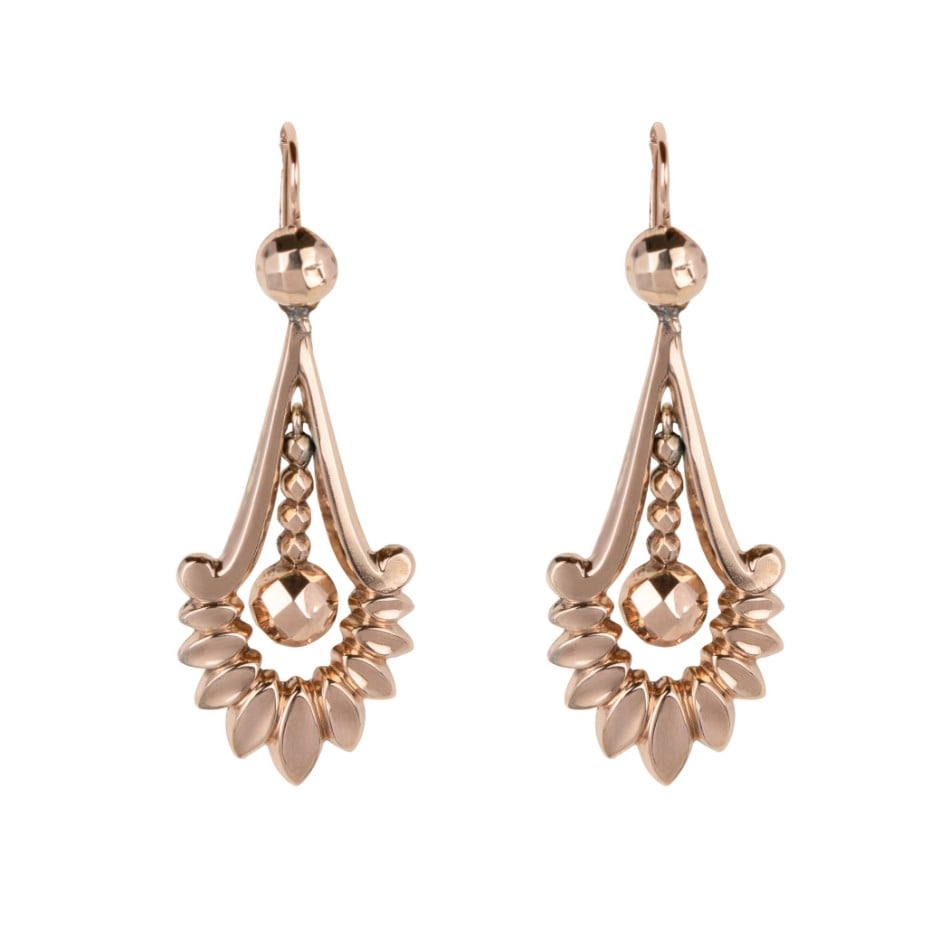 9ct Rose Gold Victorian Long Drop Hook Earrings with faceted ball ...