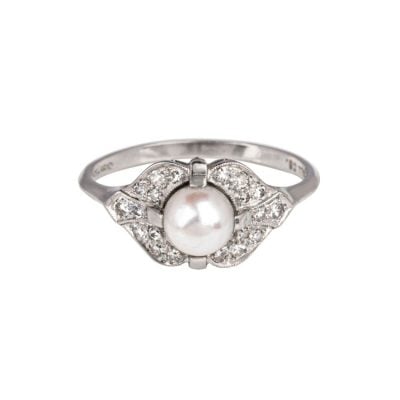 Art deco diamond & akoya pearl ring