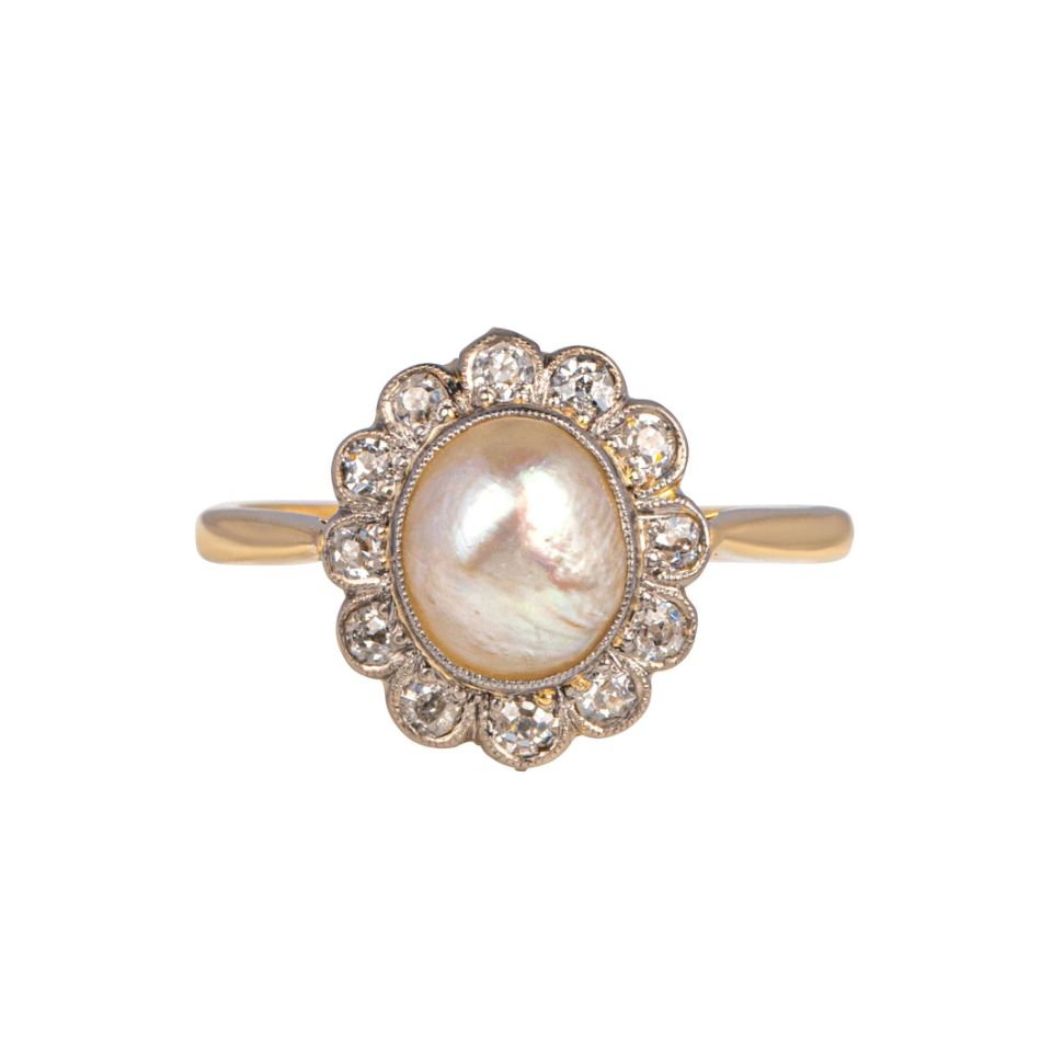Victorian 18 ct Yellow Gold Oval Blister Pearl and Diamond Cluster Ring ...