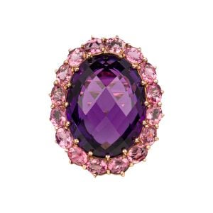 9ct Rose Gold Oval Checkerboard Cut Amethyst & Pink Tourmaline Cocktail Ring