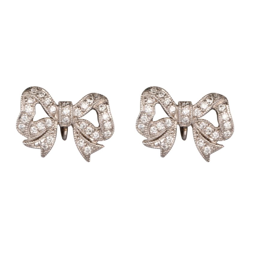 Handmade 18ct White Gold Mill Grain Set Diamond Bow Earrings & Tahitian ...