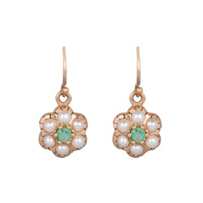 Seed Pearl & Emerald Daisy Cluster Earrings
